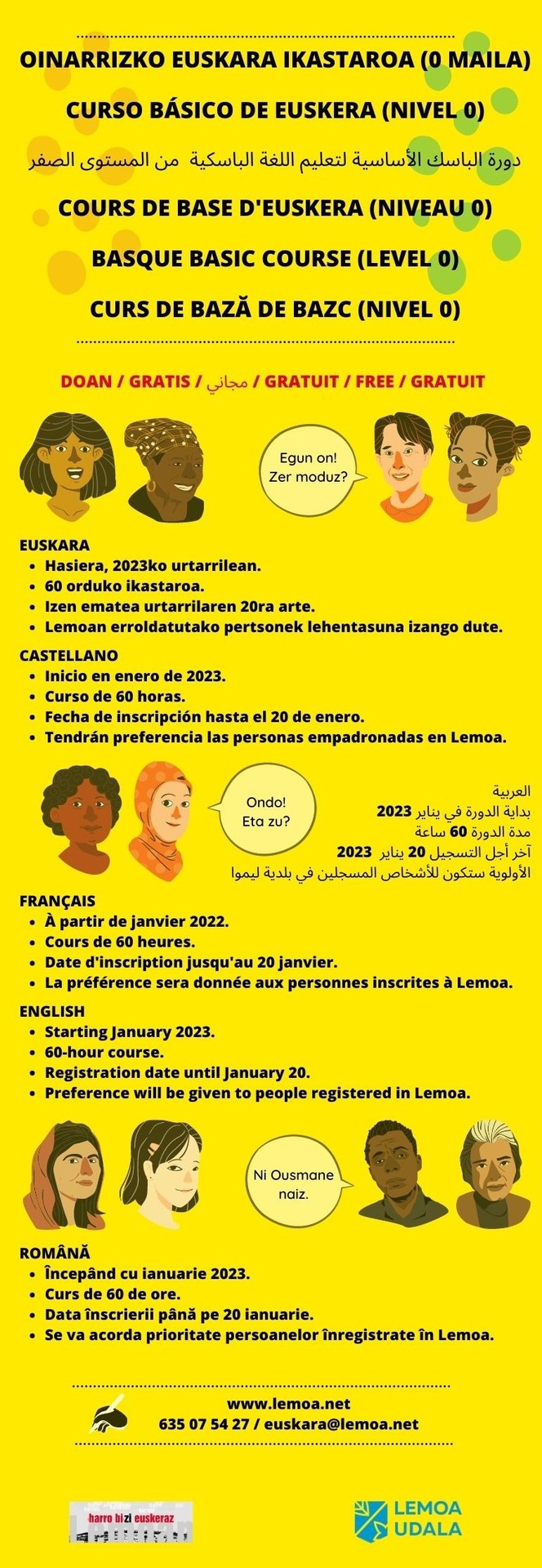 Lemoako Udalak etorkinentzako dobako euskera ikastaroak antolatu dauz