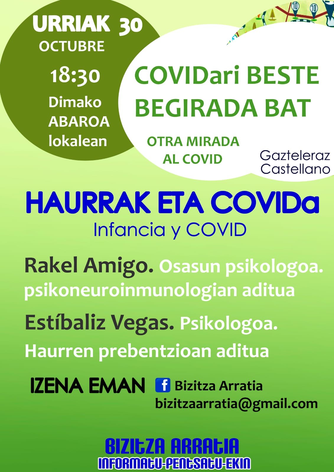 Bizitza Arratia taldeak haurren eta covidaren inguruko berbaldia antolatu dau zapatuan