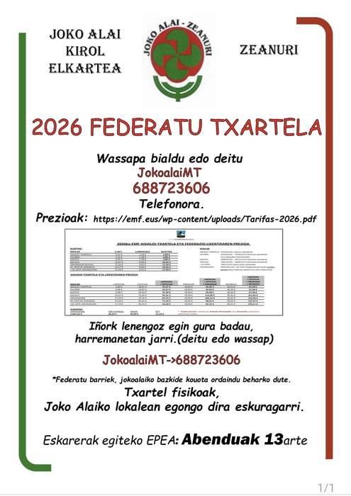 Zeanuriko Joko Alai alkartean feredau txartelak