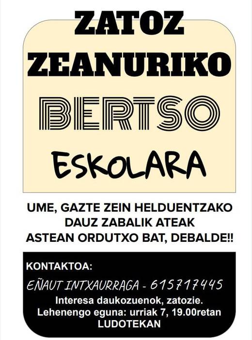 Hilaren 7an ipiniko da martxan Zeanuriko bertso eskolea